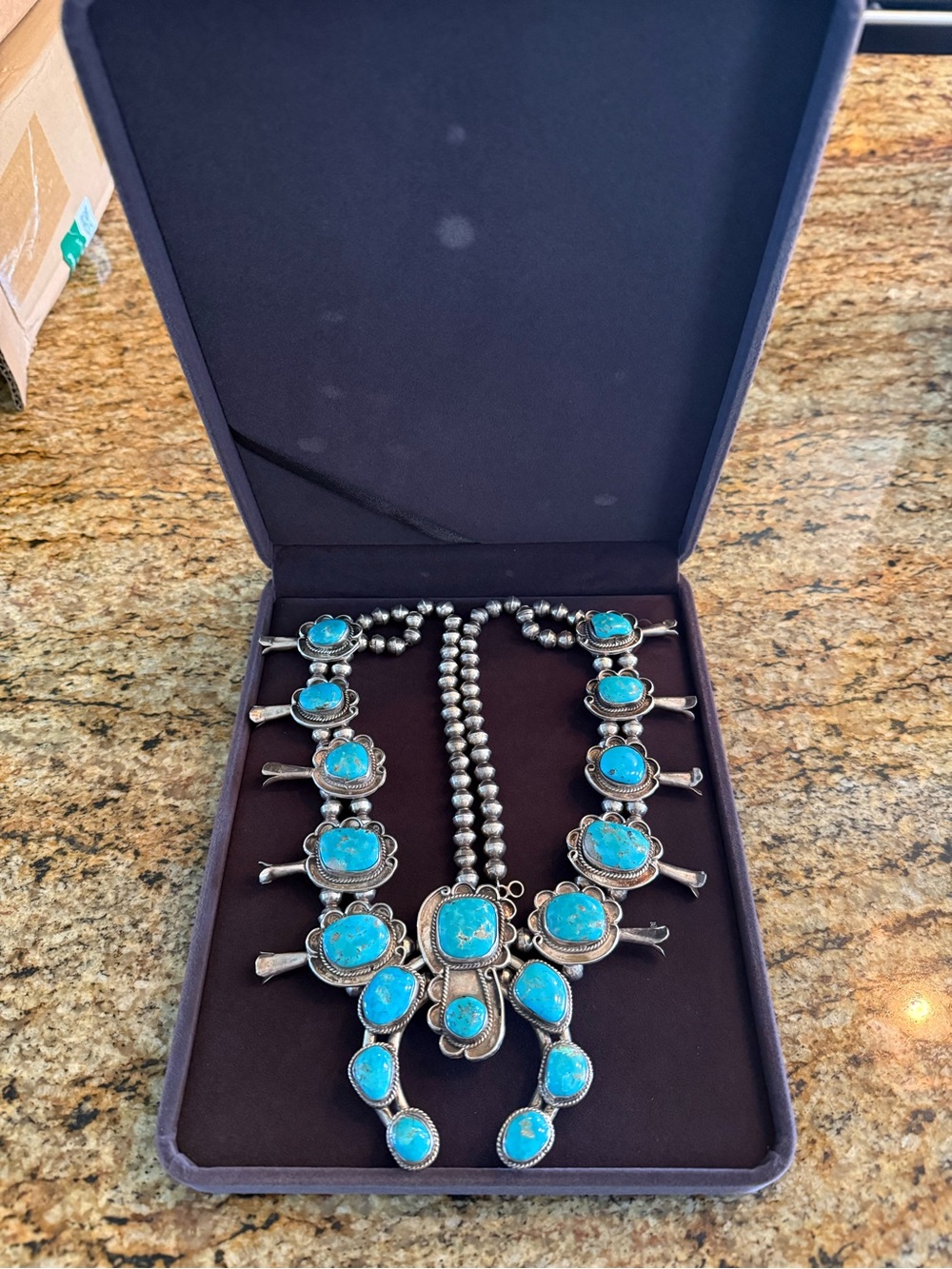 Vintage 1970s Navajo Sterling Silver & Turquoise Squash Blossom Necklace - 232g